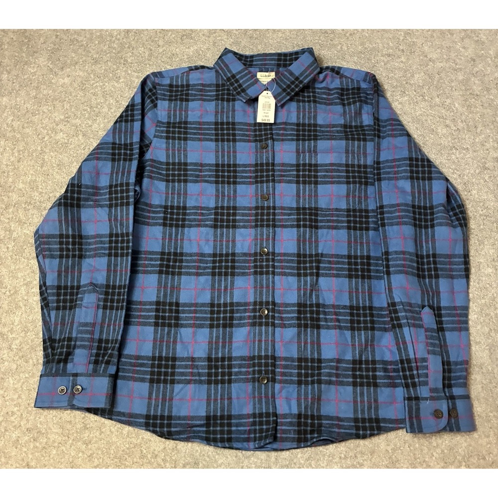 New LL Bean Scotch Plaid Shirt Mens L Blue Morgan Flannel Relaxed Fit 273137 NWT